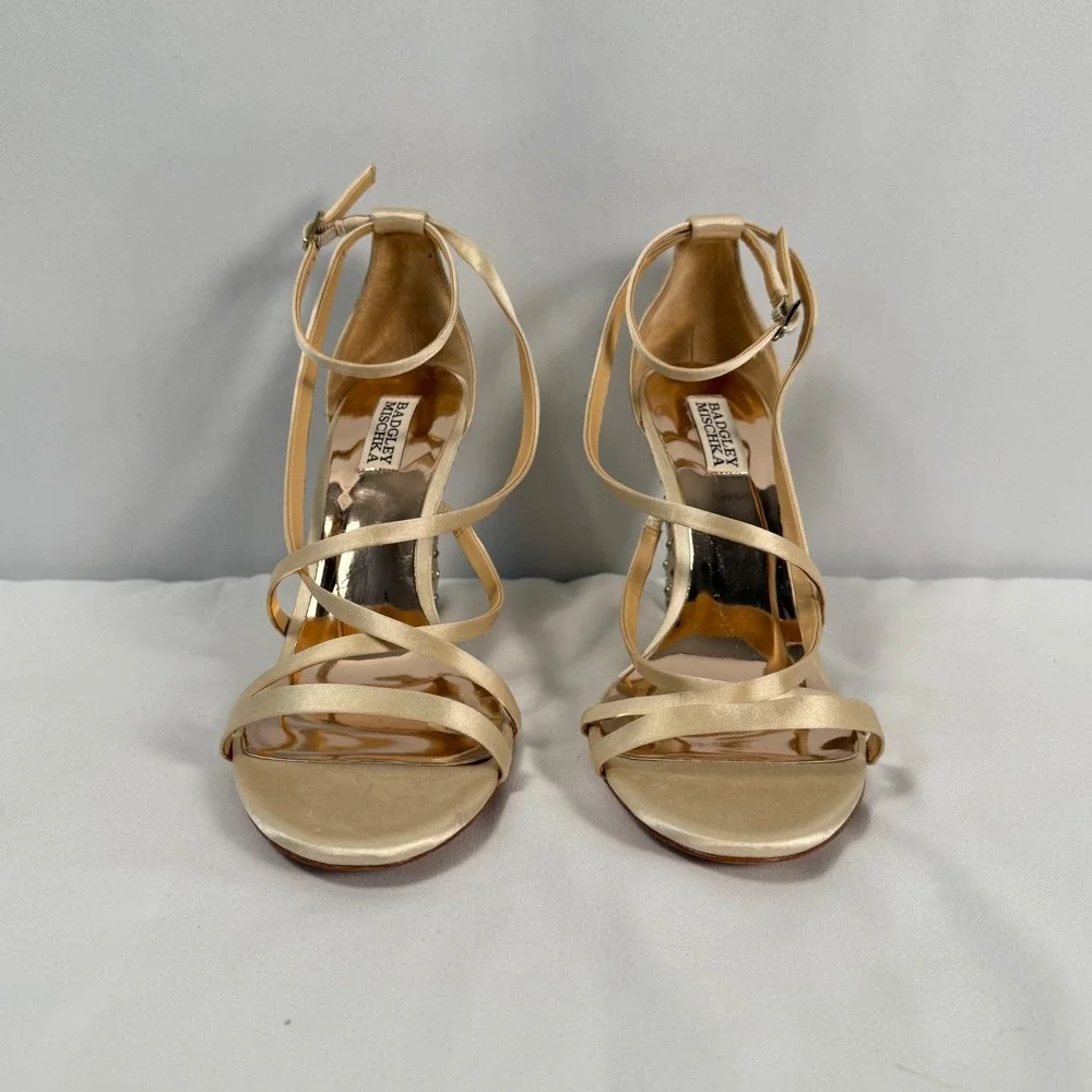 Badgley Mischka Bridal Wedge Sandals Ivory Satin‎ Rinestones Strappy Womens 11